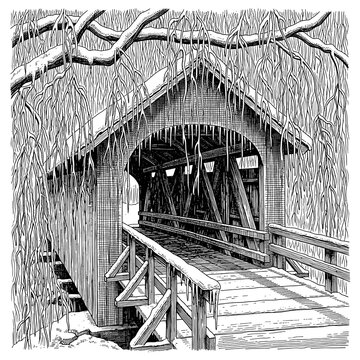 Vintage Ink Engraving of a Snowy Covered Bridge in a Winter Landscape