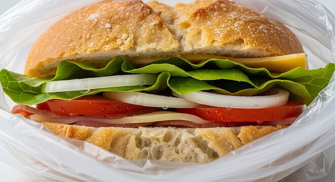 Fresh turkey sub sandwich with lettuce tomato and onion on a toasted seeded bun. sandwich bag