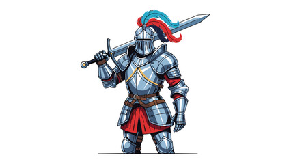 Fototapeta premium Noble knight in full plate armor holds a massive two-handed sword across his shoulders against a clean white background.