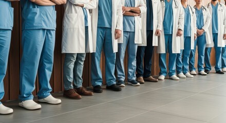 Naklejka premium Diverse group of medical professionals in blue scrubs and white lab coats standing in a line, low angle shot