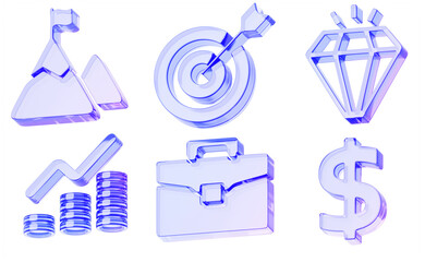 Plakat 3d glass holographic business icon set - briefcase, target, mountain peak with flag, diamond, money chart, dollar sign. Mission, vision, values, strategy and goal, financial success