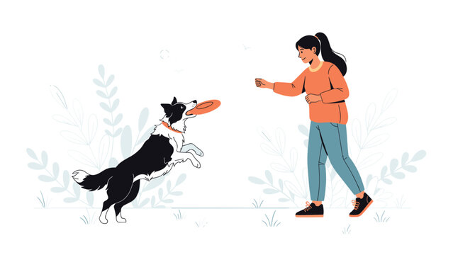 Athletic girl plays with her black and white border collie dog by throwing an orange frisbee in a peaceful park setting.
