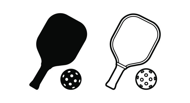 Pickleball equipment illustration featuring a paddle and ball black silhouette