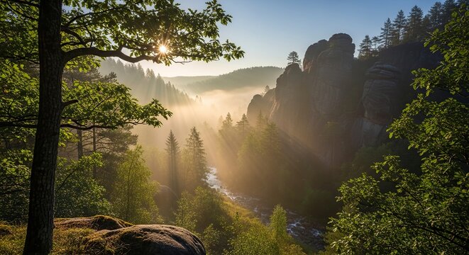 Sunlit Forest Vista - A Majestic Landscape of Natures Beauty.