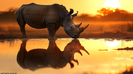Fototapeta premium A rhinoceros bends down to drink from a serene body of water during a breathtaking sunset in the savannah.