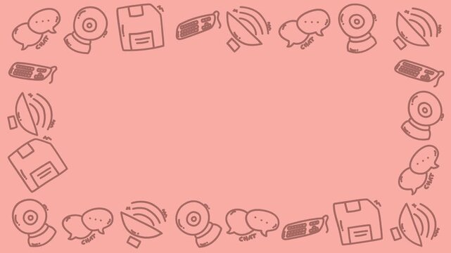 Soft peach background with hand-drawn tech icons. Simple outlines show gadgets, data, and communication tools. Icons float around frame like playful digital elements. Perfect for web design