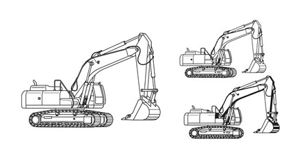 Line drawing of a caterpillar excavator in multiple views © MosaRabeya