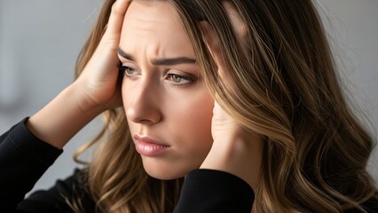Naklejka premium Close-up of Young Woman with Stressful Expression Holding Head in Frustration and Anxiety, Indoor Setting with Soft Lighting for Mental Health Awareness