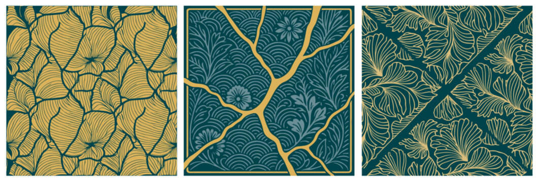 Triptyque 3 Illustrations Motif Kintsugi et Fond de Fleurs Ginkgo Asie S&eacute;r&eacute;nit&eacute; Couleurs Turquoise et Or Vecteur