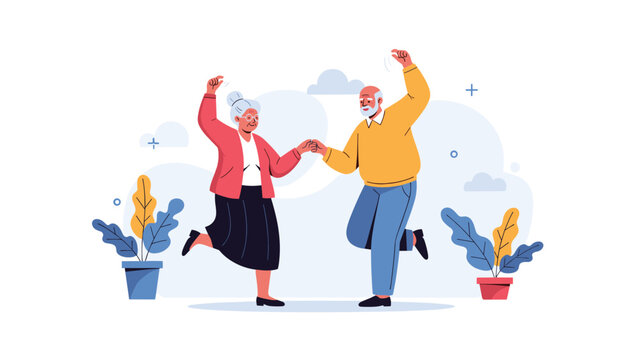 Joyful elderly couple enjoys a moment of happiness while dancing together in a room decorated with musical symbols.