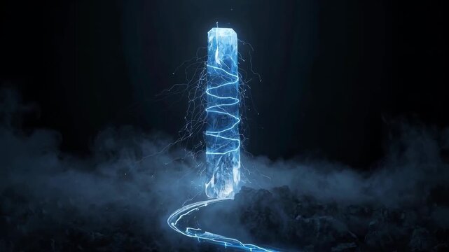 Abstract composition of luminescent crystalline structure surrounded by swirling mist, creating a mystical atmosphere