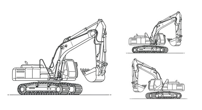 Line drawing of two excavators in side view showing mechanical details