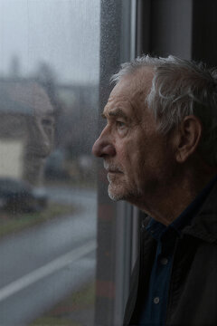 Melancholic portrait of an elderly man looking out a rainy window expressing Saudade