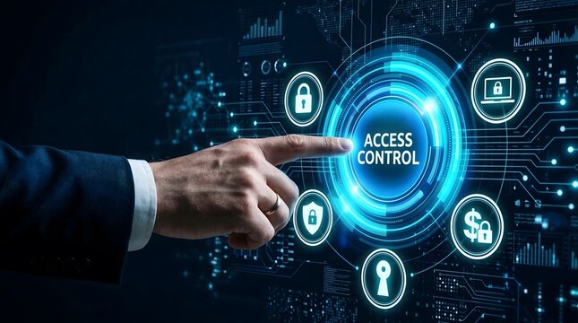 A professional hand in a dark suit points to a glowing blue access control button on an intricate digital interface with security icons against a futu