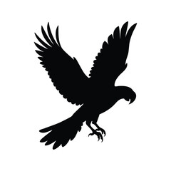 Obraz premium Black and white eagle in flight with outstretched wings silhouette vector illustration, parrot flying silhouette vector illustration