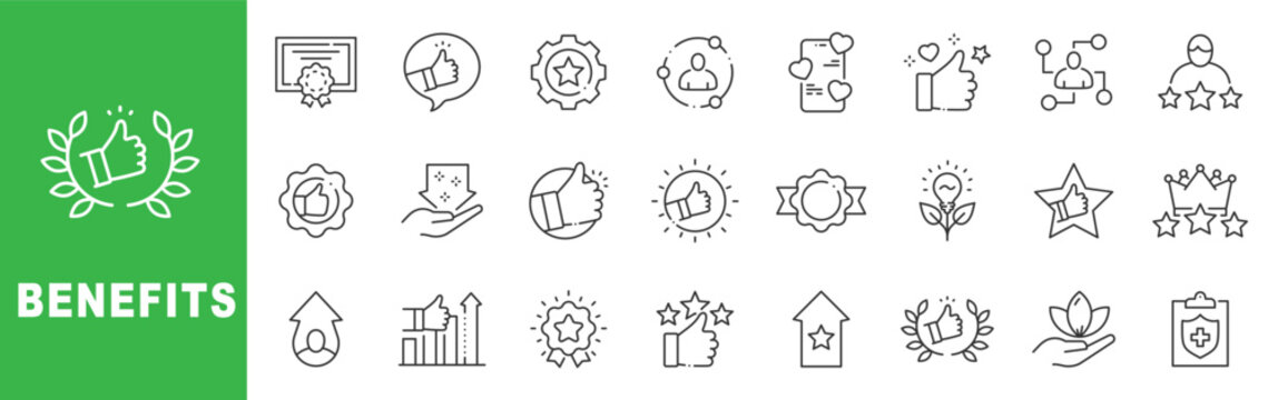 Benefits outline icon set featuring approval, reward, recognition, health protection, growth, promotion and customer satisfaction symbols editable stroke line design