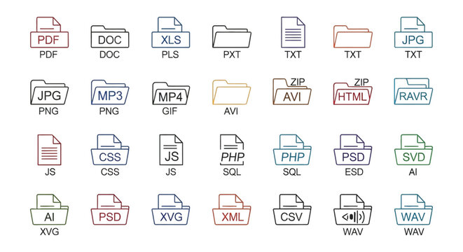 Colorful file format icons displayed in a grid silhouette