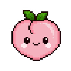 Fototapeta premium Pixel art cute momo or peach character with leaves and stem. Kawaii happy fruit sprite. High quality 8-bit isolated element on white background for game, app, and digital design. Sweet pixel food art.