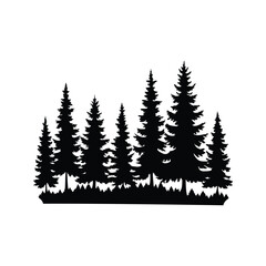 Fototapeta premium Silhouette of tall pine trees in a forest, black and white vector illustration design, pine forest silhouette vector illustration