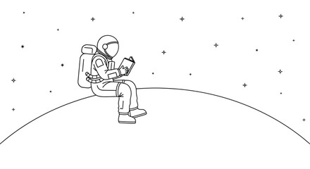 Astronaut reading a book while sitting on a planet in space © MosaRabeya