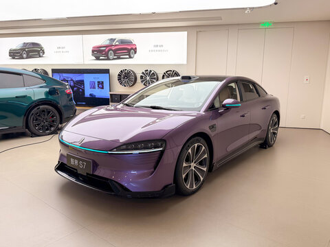 Shanghai, China - November 23, 2025: Zhijie S7 Electric Sedan Displayed in Showroom with AITO Models