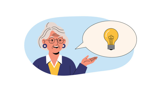 Intelligent elderly woman with white hair points towards a glowing lightbulb in a speech bubble indicating a bright idea.