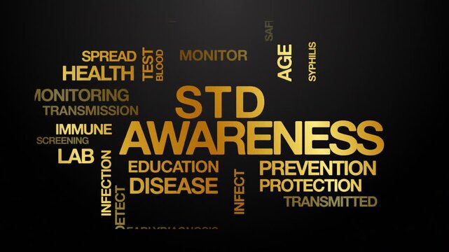 STD awareness concept Animated Tag Word Cloud kinetic typography Animation seamless loop video motion graphics Intro sexually transmitted disease wordart golden type on black background backdrop bg