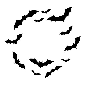 A minimalist vector graphic illustration of a flock of bats in flight, forming a circular pattern on a white background