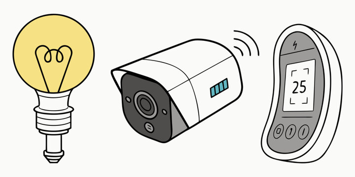 Set of smart home technology devices a light bulb surveillance camera remote control with home automation technology illustration connected wireless security internet automation