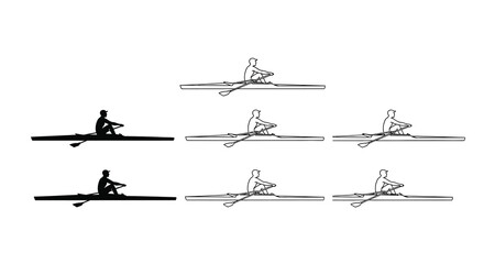 Silhouettes of rowers in boats depicting the rowing stroke cycle © MosaRabeya
