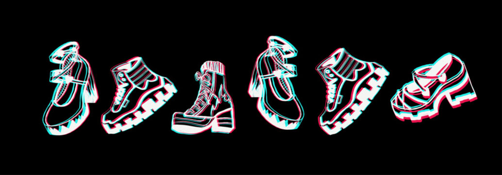 3D glitch effect alternative shoe set. Hand drawn chunky boots and platform sneakers with anaglyph effect on black background. Edgy streetwear fashion asset