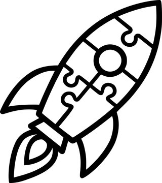 Space rocket ship icon constructed from puzzle pieces flying upwards symbolizing business startup growth space exploration innovation and successful launching ideas.