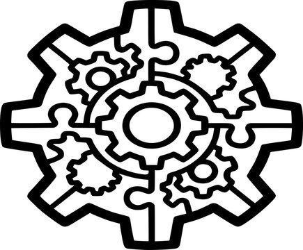 Large mechanical gear icon designed as a jigsaw puzzle containing smaller interior cogs symbolizing complex systems engineering and integrated industrial design.