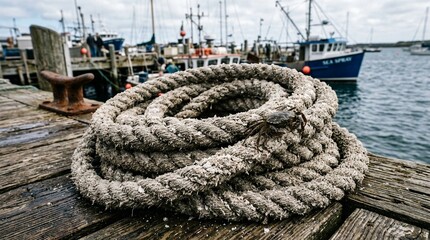 Fototapeta premium Frayed Sun-Bleached Sea Rope Coiled on Dock Cleat