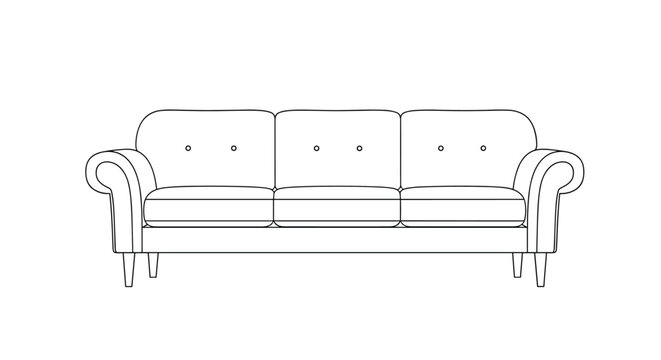 Simple black and white line art illustration of a comfortable three seater sofa with tufted backrest for interior design.