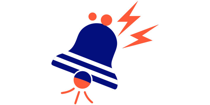 Urgent blue bell icon with white stripes orange lightning bolts dots symbolizing a critical notification loud alarm or important warning high priority white background notification