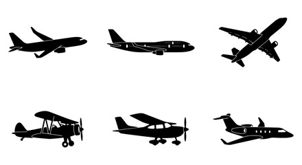 Airplane silhouette vector set, commercial aircraft and private jet icons, vintage biplane and propeller plane collection for travel design © Mahfuz