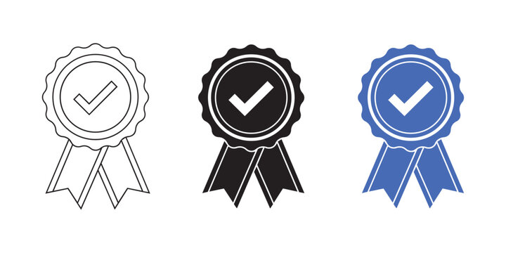 Three variations of a checkmark award ribbon icon in different styles
