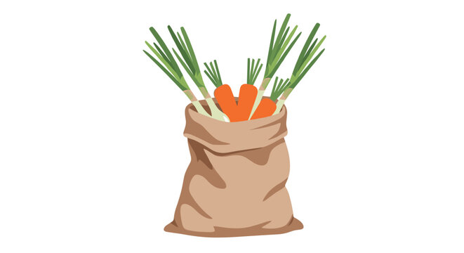 Burlap sack filled with fresh carrots and their long green tops, representing a healthy harvest of organic vegetables from a farm or garden.