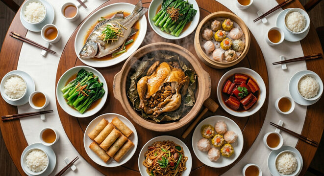 A vibrant, top-down "flat lay" of a large, diverse Chinese feast round table. In the center is a big platter with a freshly broken open Beggar's Chicken (叫化雞) , surrounded by other dishes like a whole