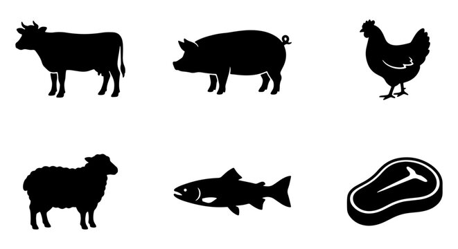 Farm animal silhouettes set, 6 black vector icons of cow, pig, chicken, sheep, fish and meat, livestock and butchery symbols for food packaging