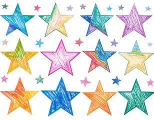 Obraz premium A colorful illustration of various sized stars in multiple colors on a white background