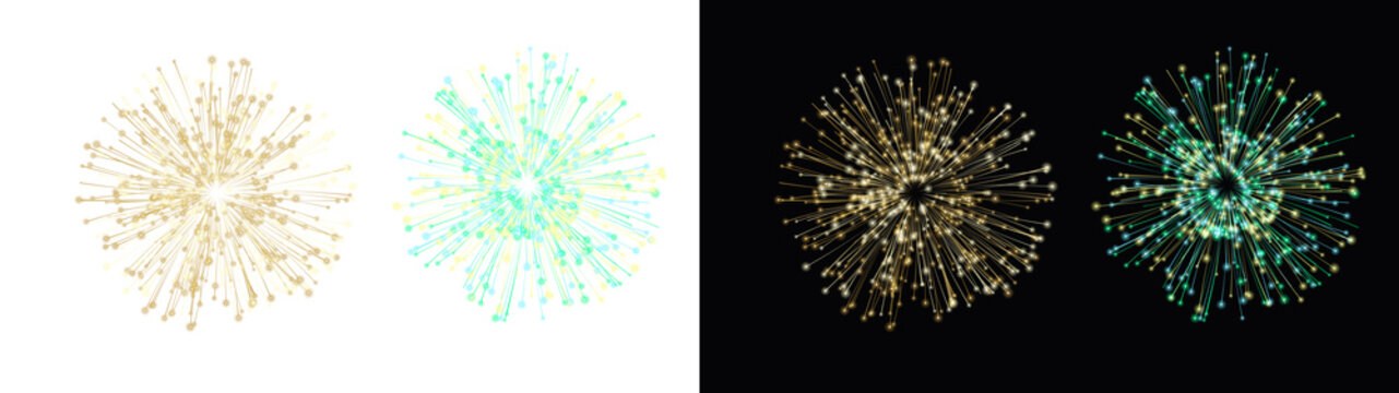 PNG image of&nbsp;Multiple vibrant glowing firework bursts featuring elegant golden and teal sparkles arranged in a symmetrical spherical design on transparent background