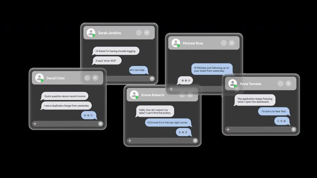 Customer support chat windows. Glassmorphism helpdesk messages Interface Overlay. Product, CRM or SaaS communication with clients concept. Transparent background MOV with Alpha