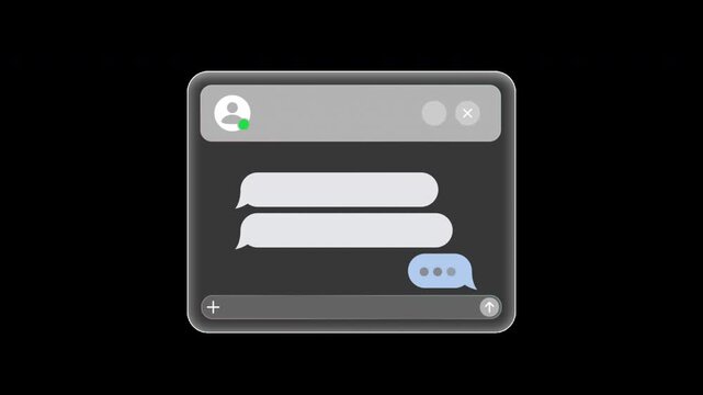 Chat app interface overlay: empty glassmorphism blank private dialogue whatsapp message bubbles, textless telegram messenger or social media template. Transparent background MOV alpha