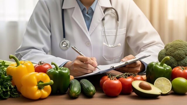 Medical professional analyzing fresh vegetables and fruits including bell peppers tomatoes avocados and cucumbers for nutrition health assessment in clinic or lab setting