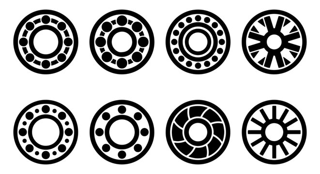 Industrial ball bearing icons set, mechanical steel rollers and circular gear elements, 8 black vector symbols for engineering and automotive design