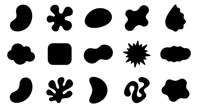 Abstract organic shapes collection, 15 black silhouette blobs and liquid forms, minimalist amoeba vector elements for modern graphic design