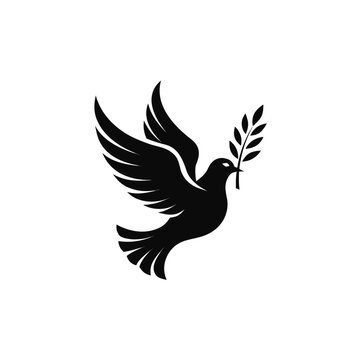 Dove silhouette, peace symbol, black icon, olive branch, vector graphic