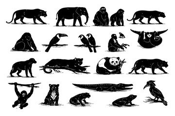 Fototapeta premium Silhouette collection of wild animals in various poses and species.